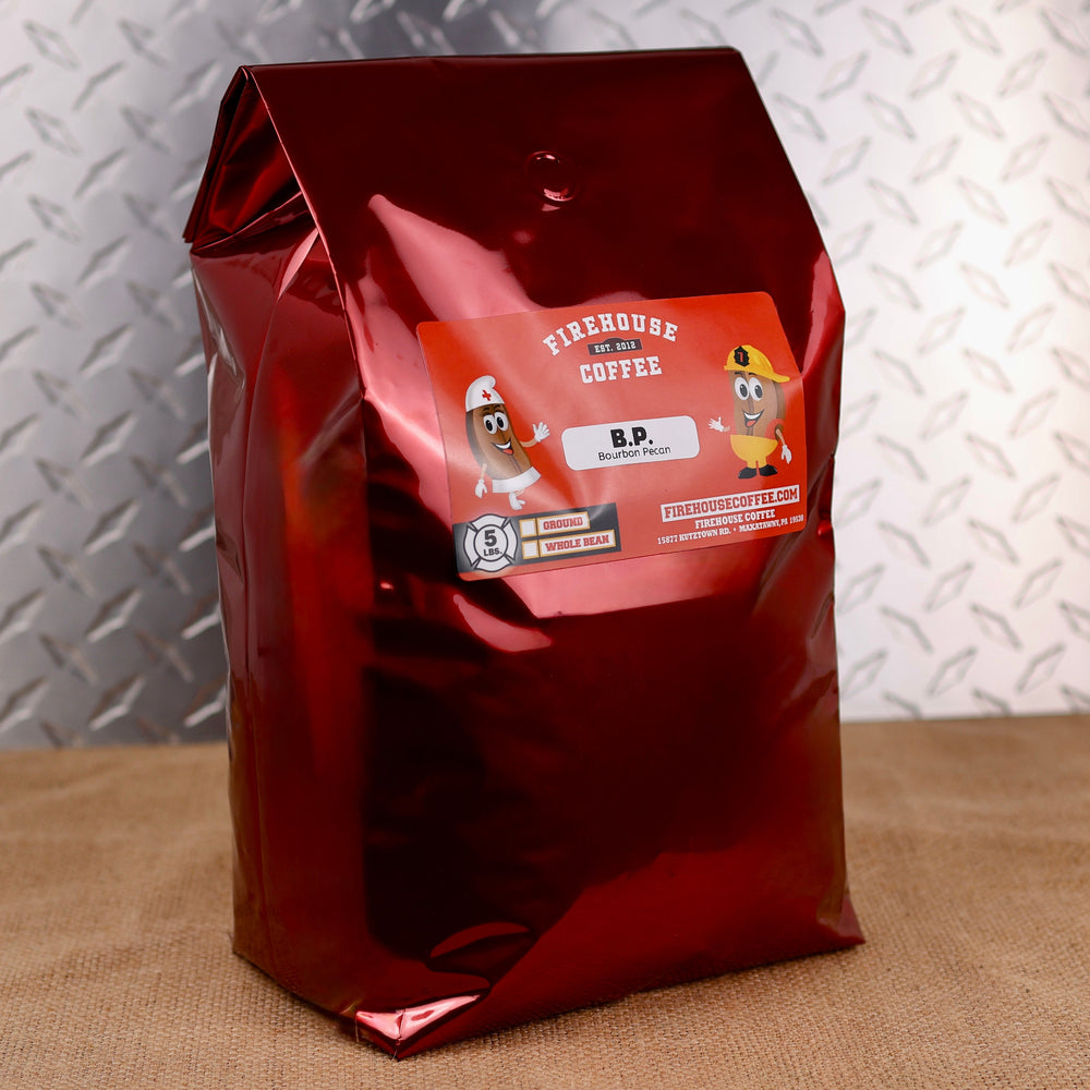 Firehouse Coffee 5 lb Bourbon Pecan Flavored Coffee bag with freshly roasted premium Arabica coffee, smooth bourbon flavor, buttery roasted pecans, vanilla, and caramel, available in whole bean or ground.