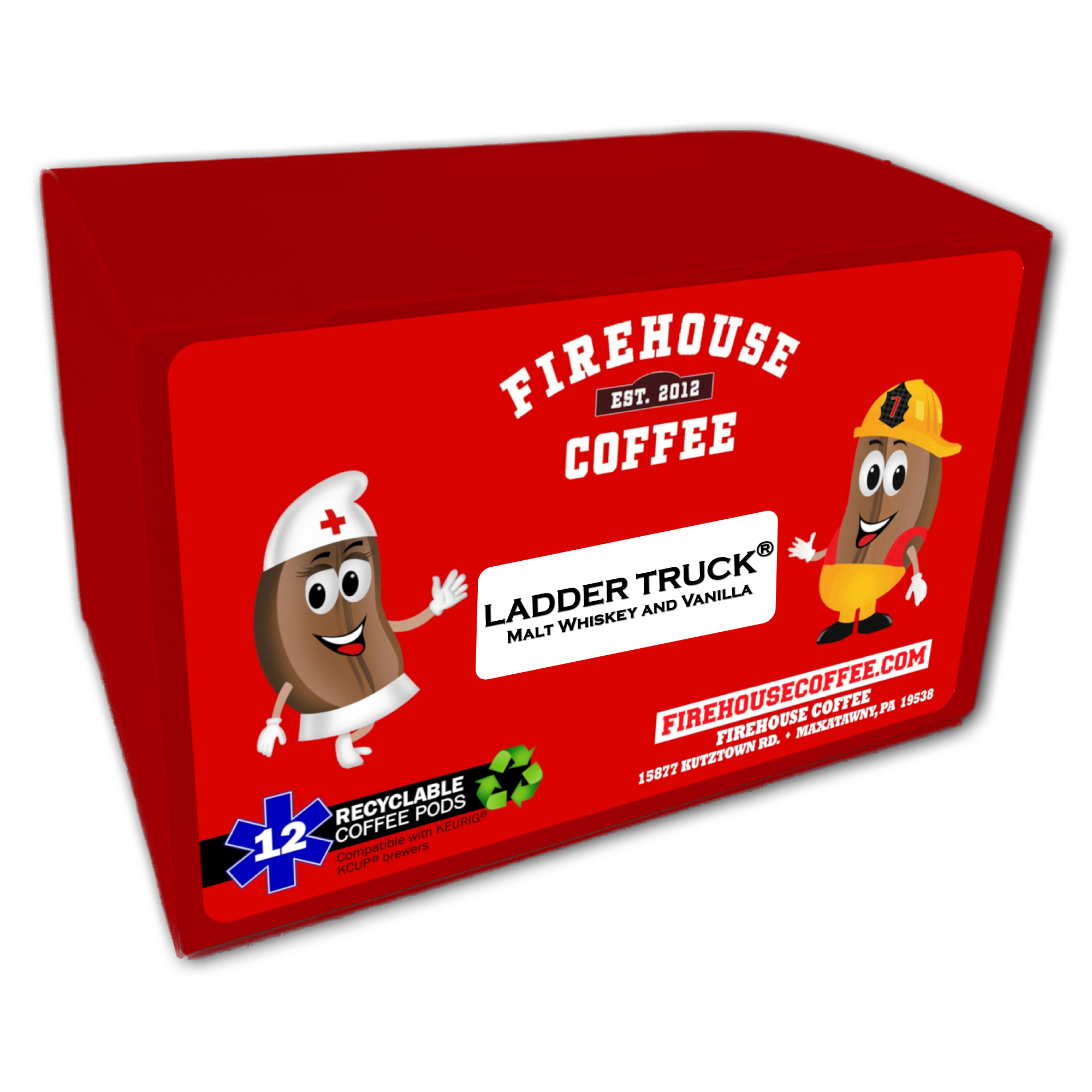 Firehouse Coffee Ladder Truck™ Aged Whiskey & Vanilla flavored coffee K-Cups, 12-count recyclable single-serve coffee pods with smooth whiskey-inspired and creamy vanilla flavor, compatible with Keurig® brewers, featuring Firehouse Coffee's signature firefighter and nurse bean characters.