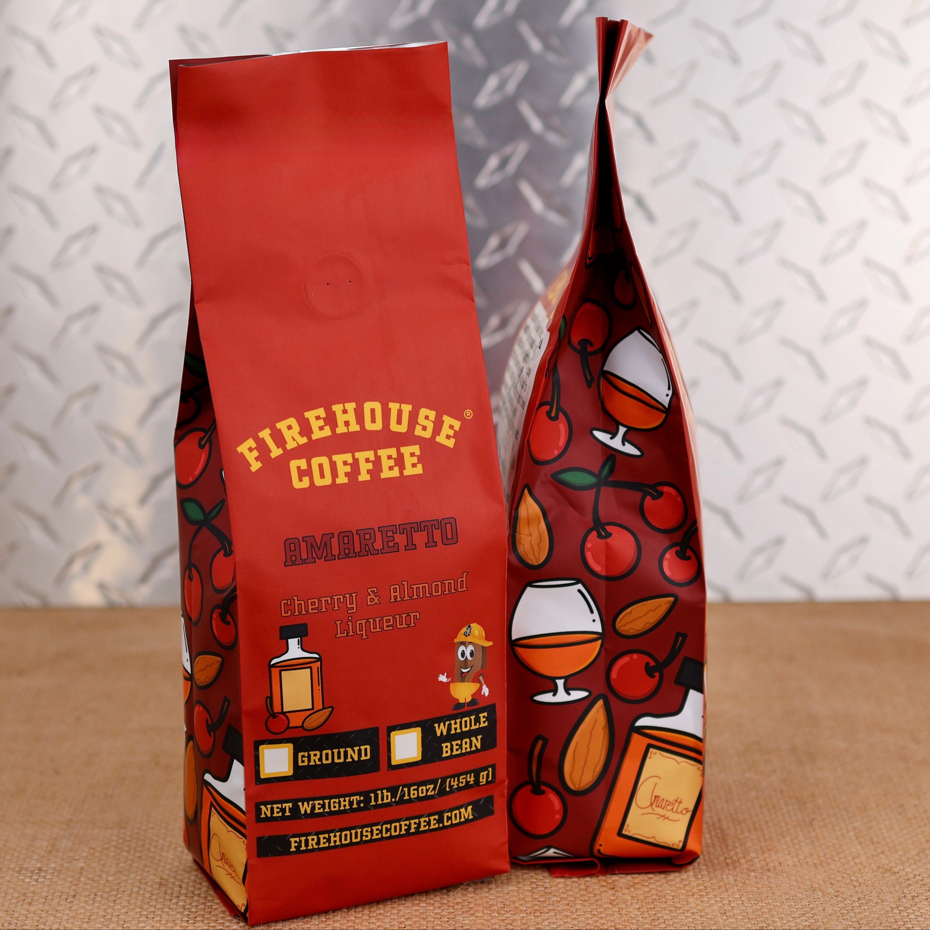 Firehouse Coffee Amaretto Cherry & Almond Liqueur flavored coffee in a 1 lb bag, available ground or whole bean.