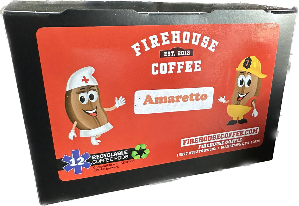 Amaretto Flavored Coffee K-Cups 12-count box with sweet almond and cherry flavor by Firehouse Coffee