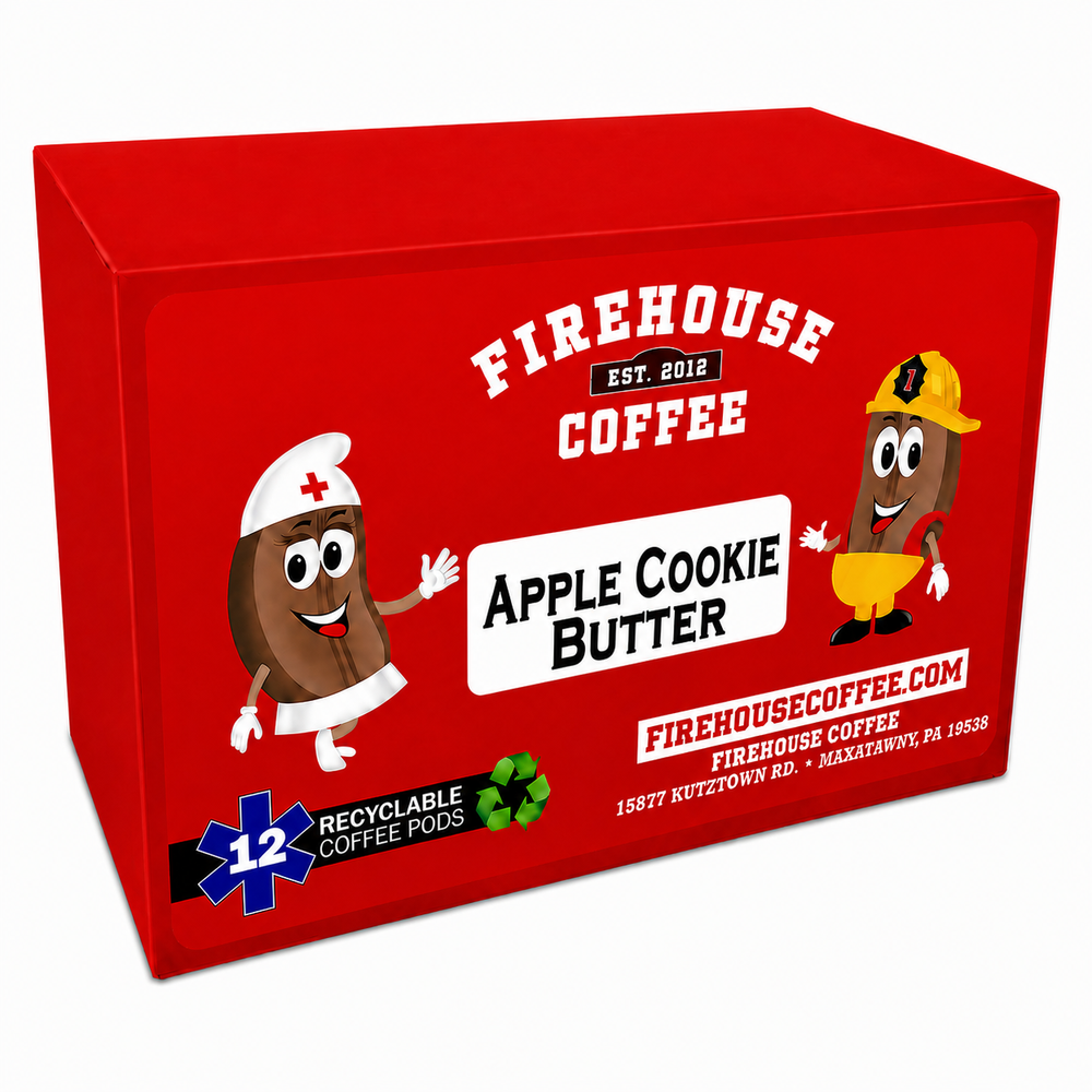 Apple Cookie Butter Flavored Coffee K-Cups® by Firehouse Coffee featuring freshly roasted 100% Arabica coffee with baked apple, cinnamon, brown sugar, and buttery cookie butter flavors in Keurig® compatible single-serve coffee pods.