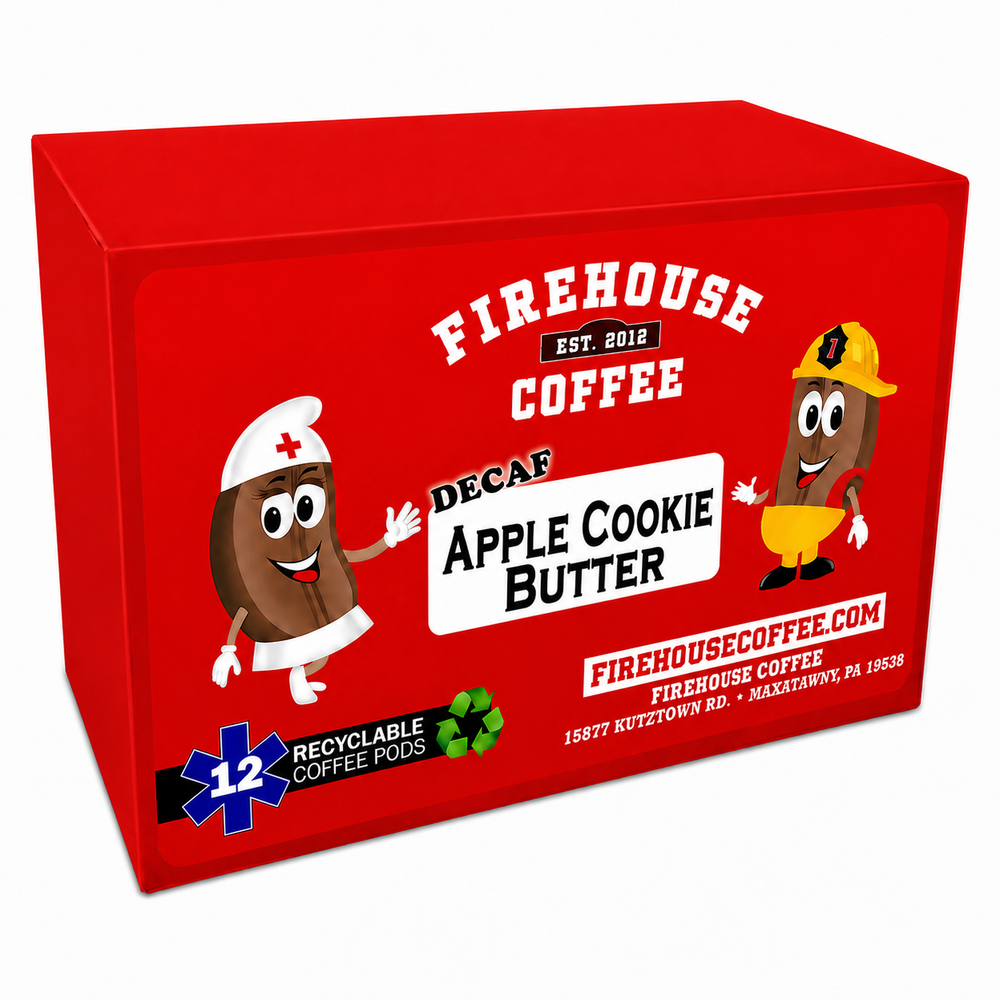 Decaf Apple Cookie Butter Flavored Coffee K-Cups® by Firehouse Coffee featuring Swiss Water® Process decaffeinated Arabica coffee with baked apple, cinnamon, brown sugar, and buttery cookie butter flavors in Keurig® compatible single-serve coffee pods.