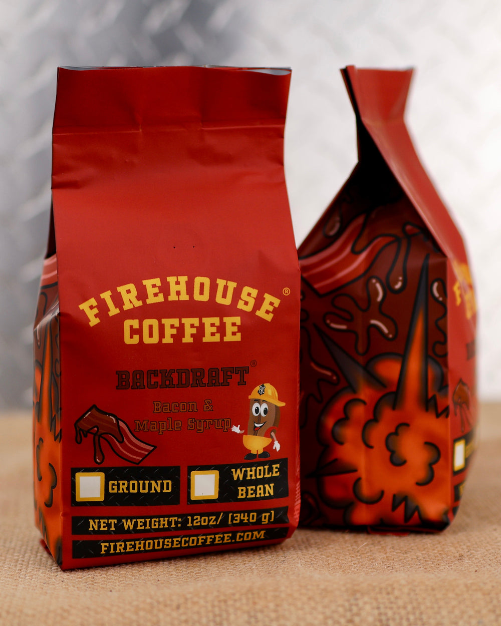 Backdraft® is our bacon and maple syrup coffee with a photo of bacon, an explosion image and maple syrup.
