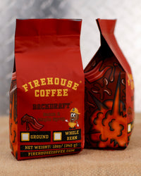 Backdraft® is our bacon and maple syrup coffee with a photo of bacon, an explosion image and maple syrup.