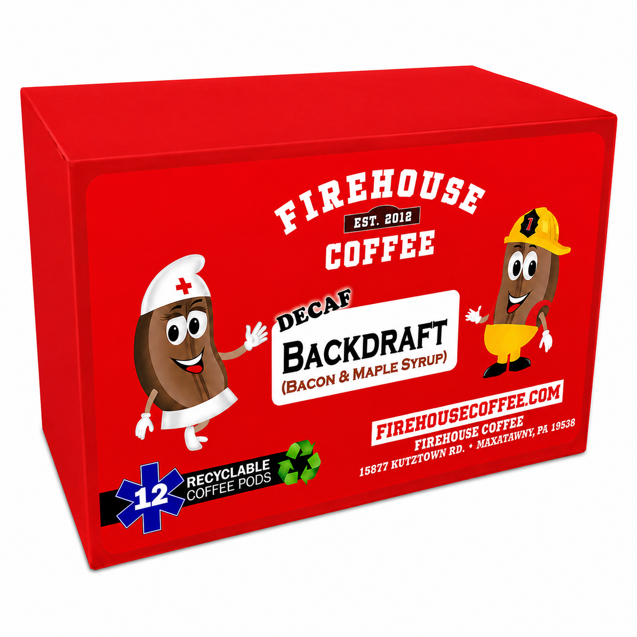 Backdraft® Decaf Maple Bacon Flavored Coffee K-Cups® by Firehouse Coffee featuring Swiss Water® decaffeinated Arabica coffee with sweet Vermont maple syrup and smoky Canadian bacon flavors.