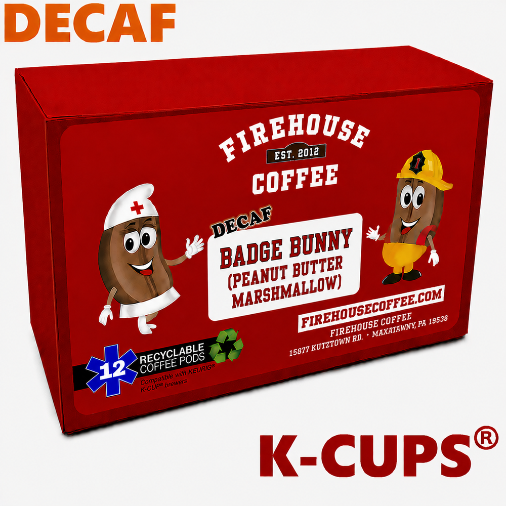 Firehouse Coffee Badge Bunny Decaf Peanut Butter Marshmallow K-Cups – 12 recyclable single-serve coffee pods made with premium Swiss Water Process decaffeinated coffee, featuring rich peanut butter and sweet marshmallow flavor. Compatible with Keurig® K-Cup® brewers.