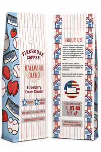 Ballpark Blend™ Strawberry Cream Cheese Flavored Coffee bag by Firehouse Coffee, available ground or whole bean