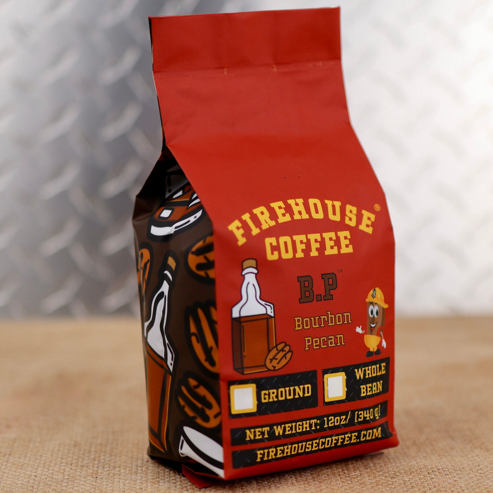 Firehouse Coffee Bourbon Pecan Flavored Coffee – premium flavored coffee available in whole bean or ground, featuring smooth bourbon-inspired notes and roasted pecan flavor in a 12 oz bag.