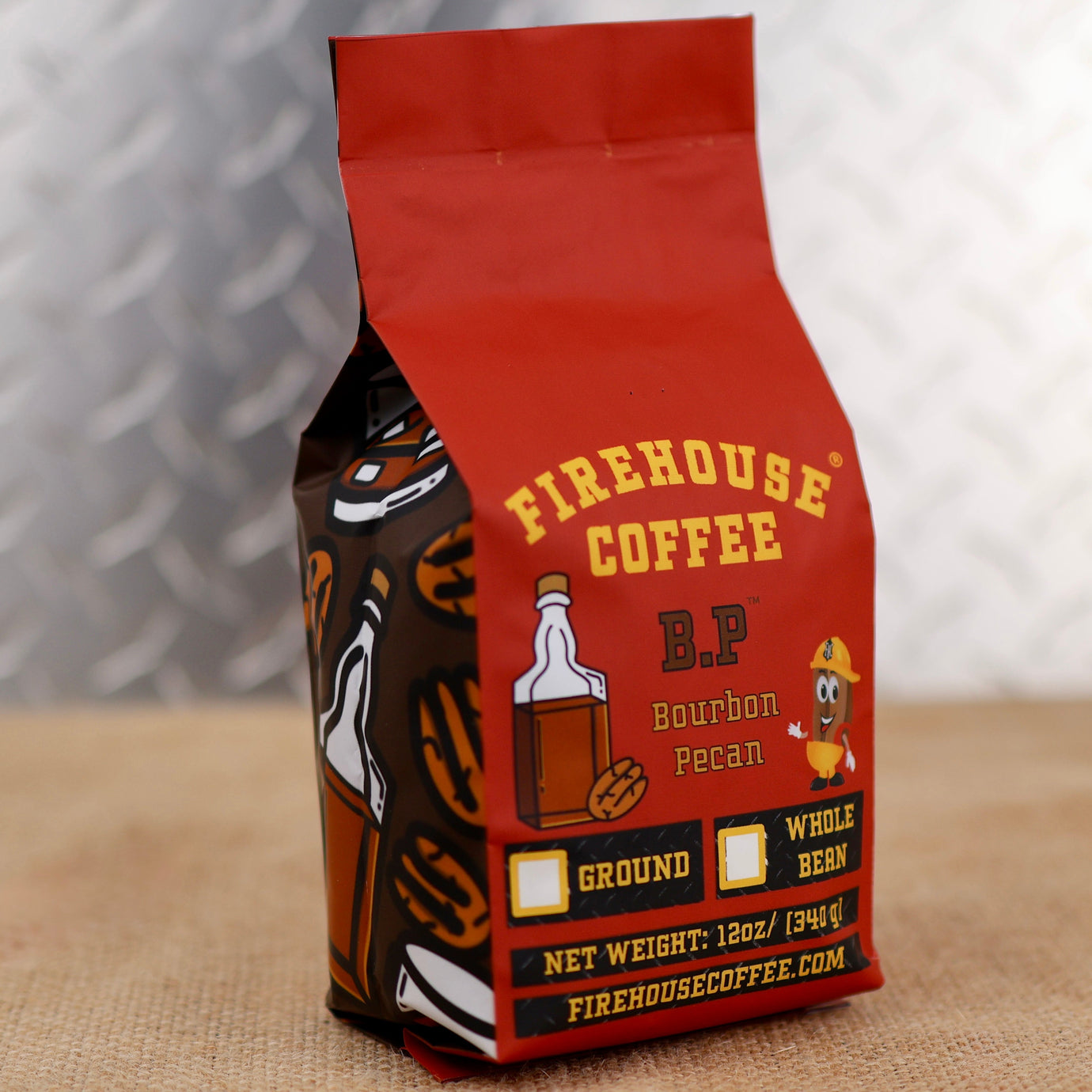 Firehouse Coffee Bourbon Pecan Flavored Coffee – premium flavored coffee available in whole bean or ground, featuring smooth bourbon-inspired notes and roasted pecan flavor in a 12 oz bag.