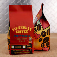 Firehouse Breakfast Blend whole bean or ground coffee in a 12 oz bag. Premium breakfast blend coffee freshly roasted for a smooth, medium-bodied cup with bright acidity and rich, balanced flavor.