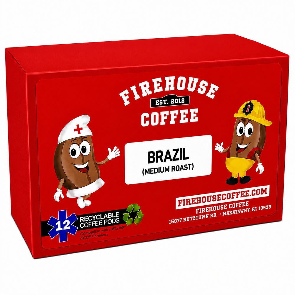 Firehouse Coffee Brazil Medium Roast Coffee K-Cups featuring premium Brazilian Arabica coffee pods compatible with most Keurig® brewing systems