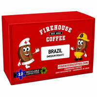 Firehouse Coffee Brazil Medium Roast Coffee K-Cups featuring premium Brazilian Arabica coffee pods compatible with most Keurig® brewing systems