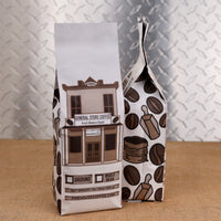 Firehouse Coffee General Store Coffee Brazil medium roast coffee 1 lb bag with vintage general store, Brazilian coffee beans and coffee scoop artwork, available ground or whole bean.