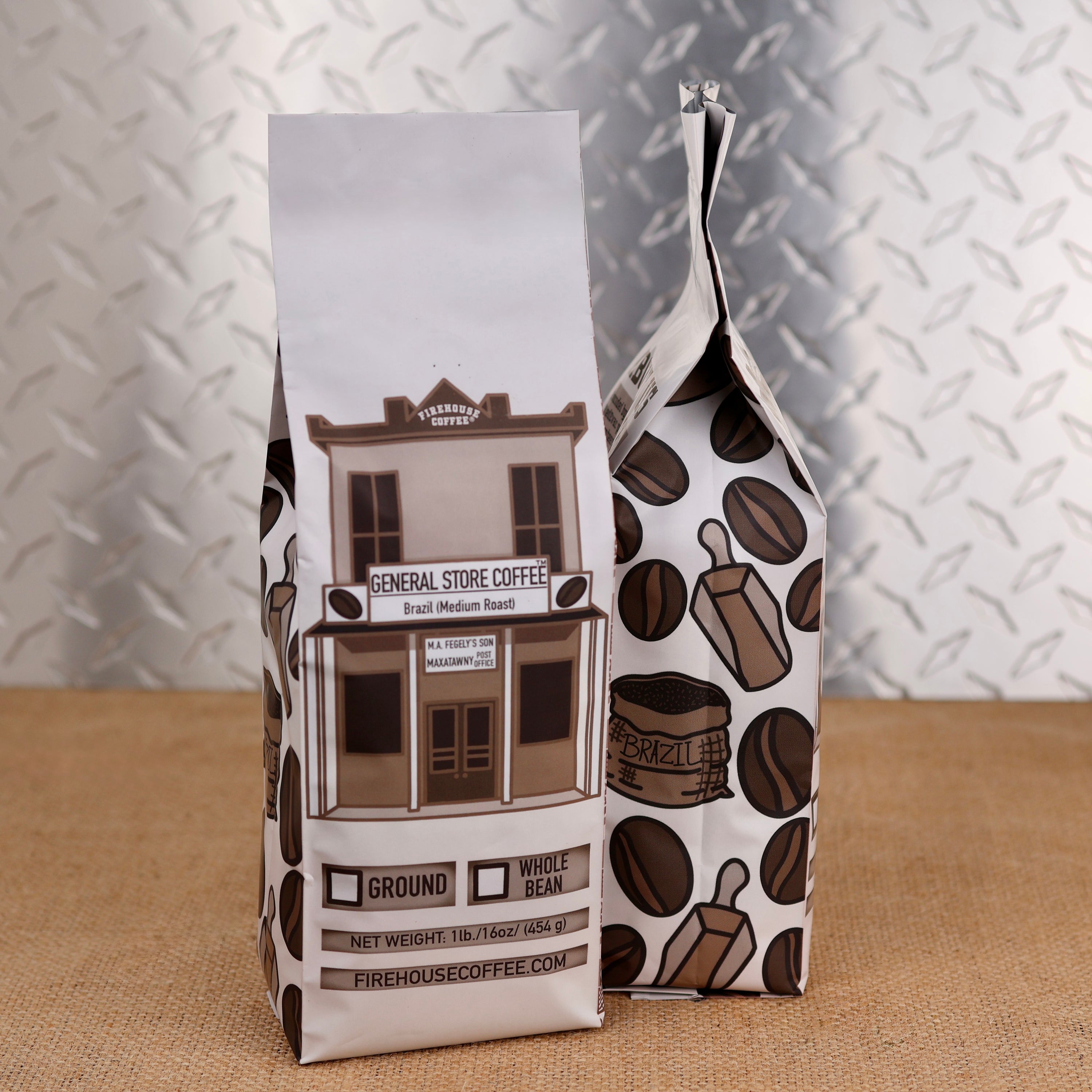 Firehouse Coffee General Store Coffee Brazil medium roast coffee 1 lb bag with vintage general store, Brazilian coffee beans and coffee scoop artwork, available ground or whole bean.