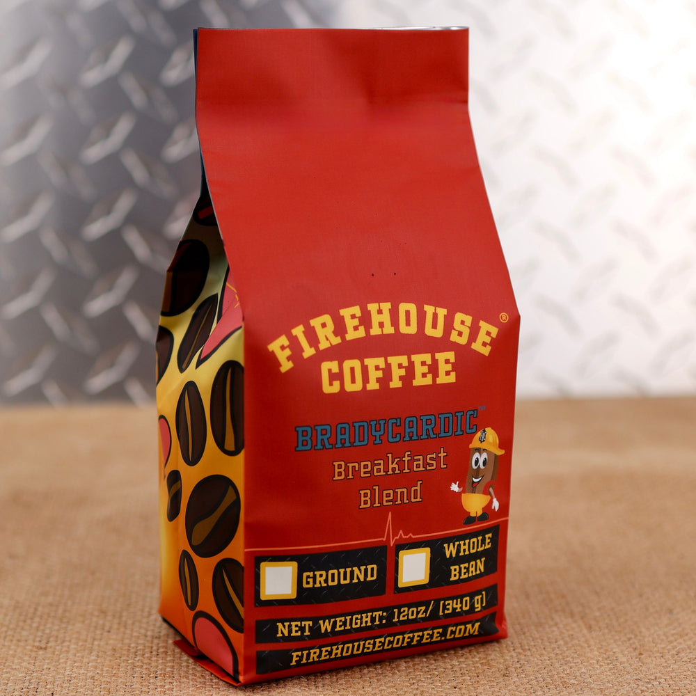 Firehouse Breakfast Blend Coffee (Bradycardic Breakfast Blend) in a 12 oz bag, freshly roasted and available in whole bean or ground. Premium breakfast blend coffee with a smooth medium roast, balanced body, mild citrus brightness, and a clean finish.