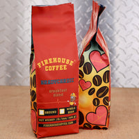 Firehouse Coffee Bradycardic Breakfast Blend 1 lb coffee bags featuring a firefighter-themed red package with coffee beans, heart graphics, and EKG design.