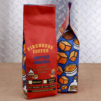 Firehouse Coffee Captain Caramel Caramel & Rum Crème Brûlée flavored coffee in a 1 lb bag, available ground or whole bean.