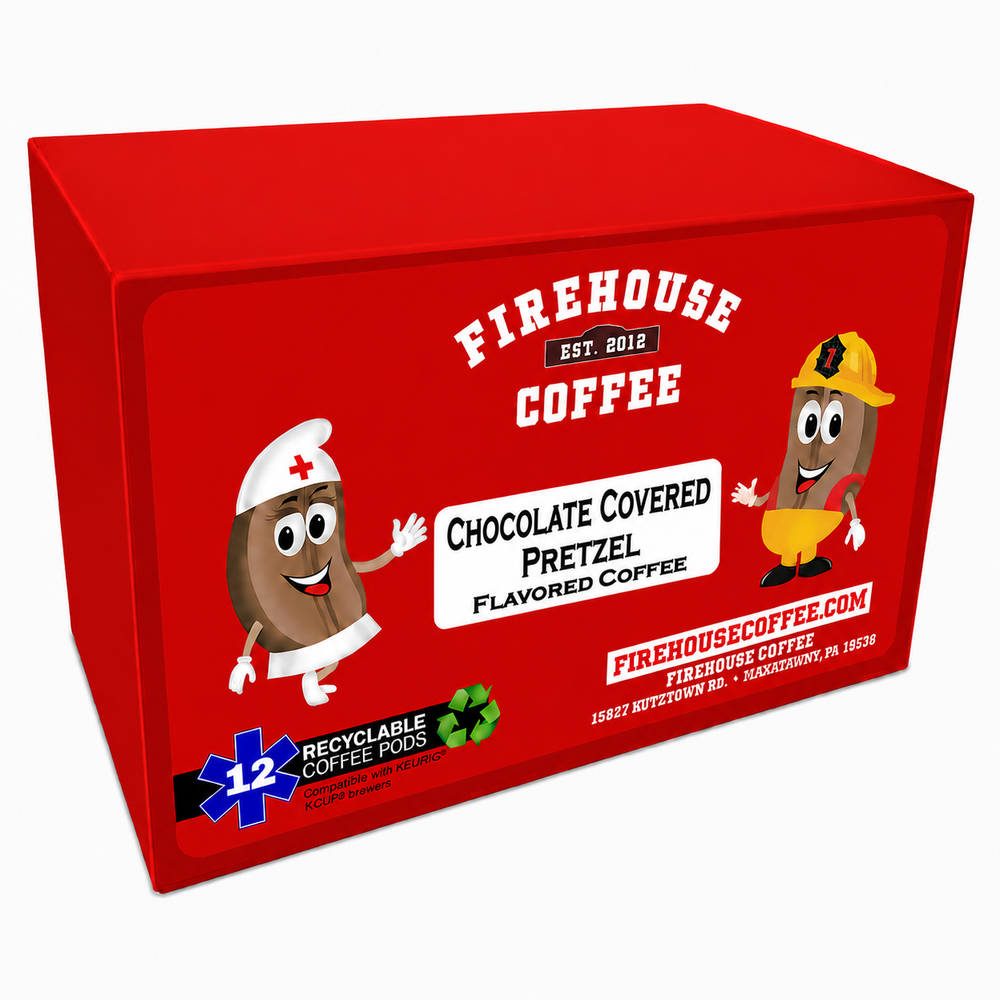 Shop Chocolate Covered Pretzel Coffee K-Cups with rich chocolate and salty pretzel flavor. A sweet-and-salty flavored coffee from Firehouse Coffee.