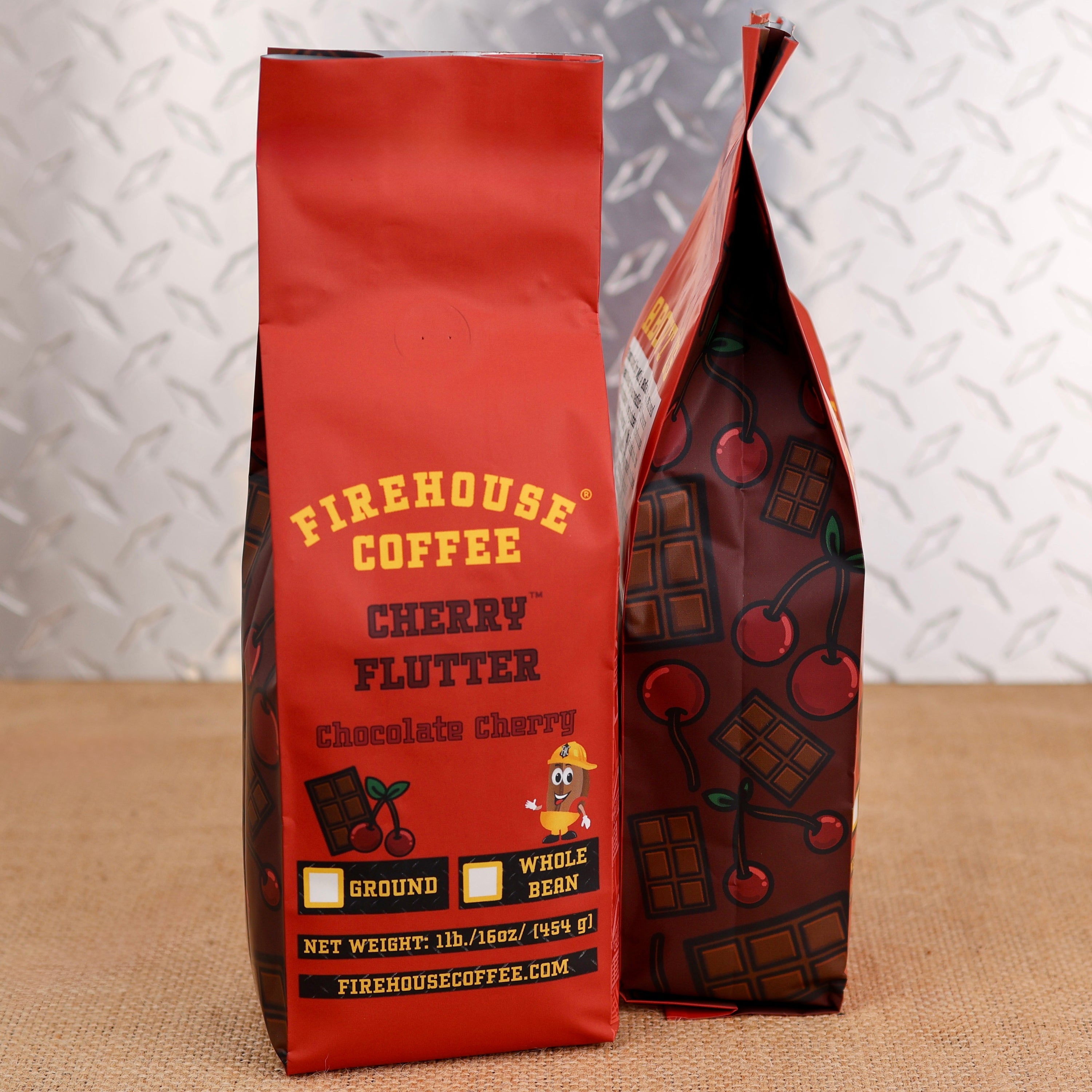 Firehouse Coffee Cherry Flutter Chocolate Cherry flavored coffee in a 1 lb bag, available ground or whole bean, featuring rich chocolate and sweet cherry flavor.