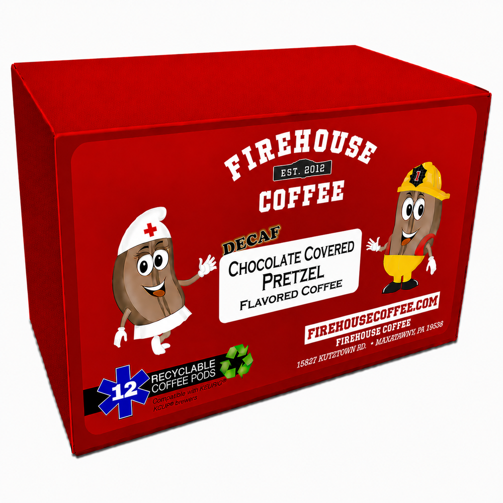 Shop Decaf Chocolate Covered Pretzel Coffee K-Cups with rich chocolate and salty pretzel flavor. Swiss Water® Process decaf from Firehouse Coffee.