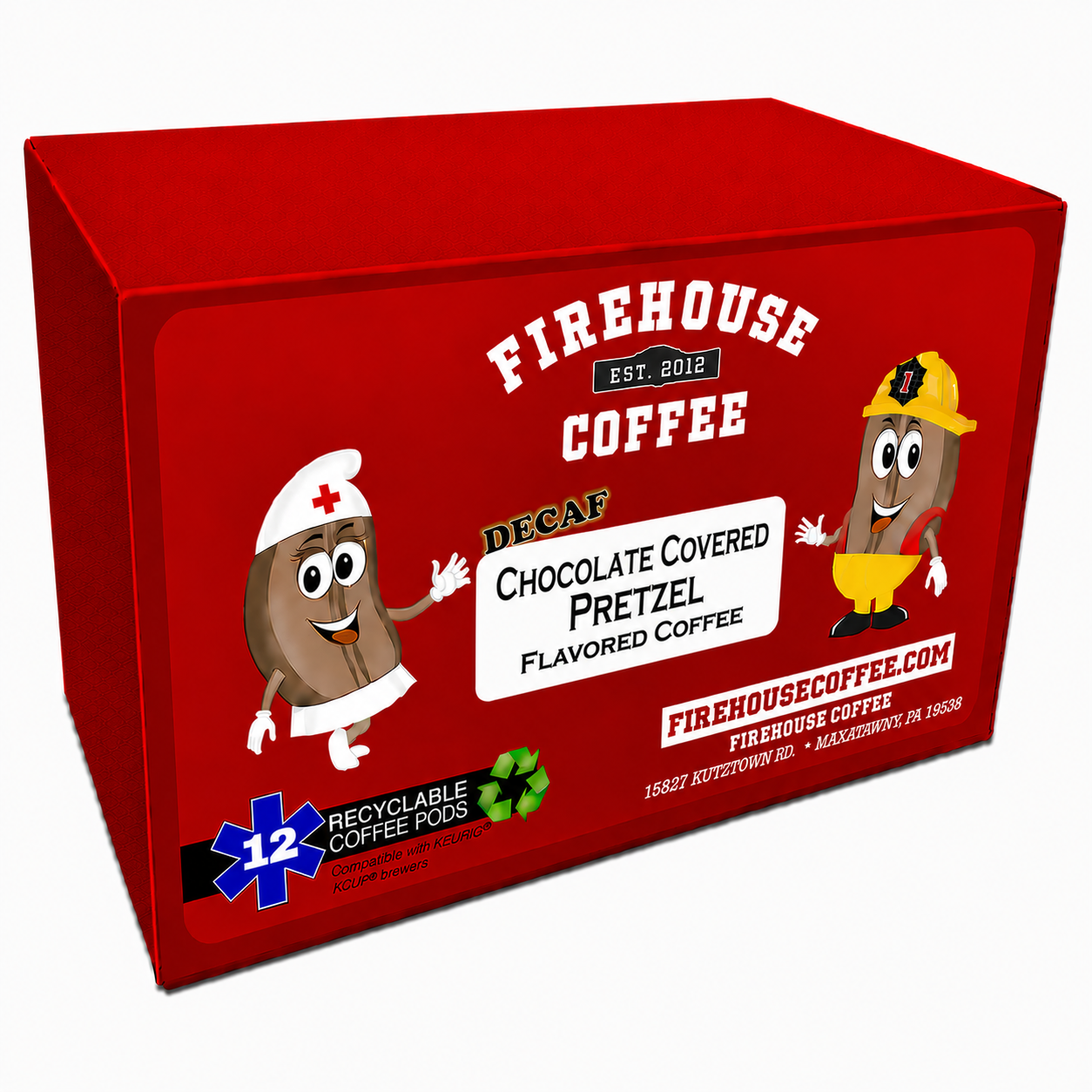Shop Decaf Chocolate Covered Pretzel Coffee K-Cups with rich chocolate and salty pretzel flavor. Swiss Water® Process decaf from Firehouse Coffee.