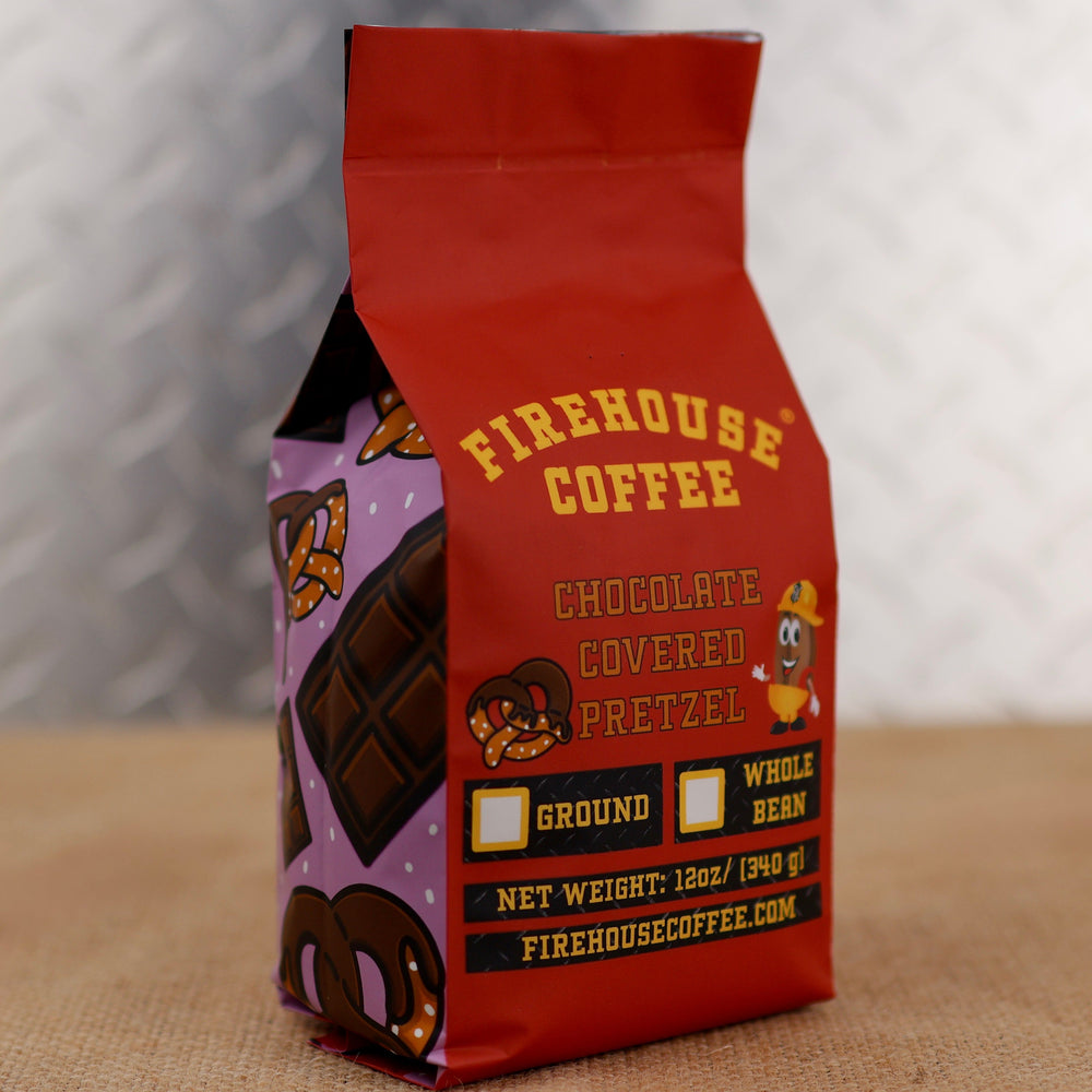 Bag of Firehouse Coffee Chocolate Covered Pretzel Flavored Coffee, freshly roasted and available in whole bean or ground, blending rich chocolate with the classic sweet and salty taste of a chocolate-covered pretzel.