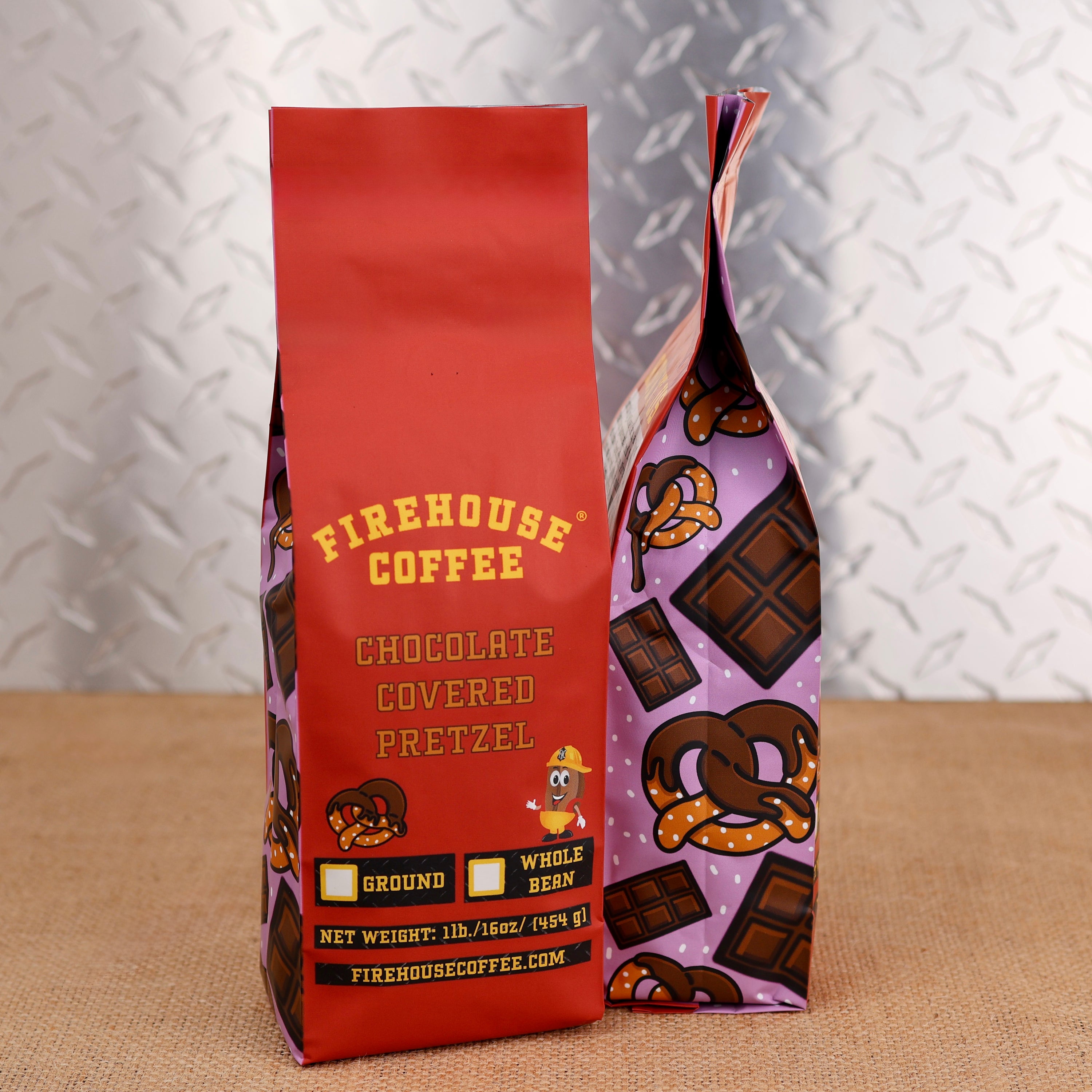 Firehouse Coffee Chocolate Covered Pretzel flavored coffee 1 lb bag with rich chocolate and salty pretzel flavor, available ground or whole bean
