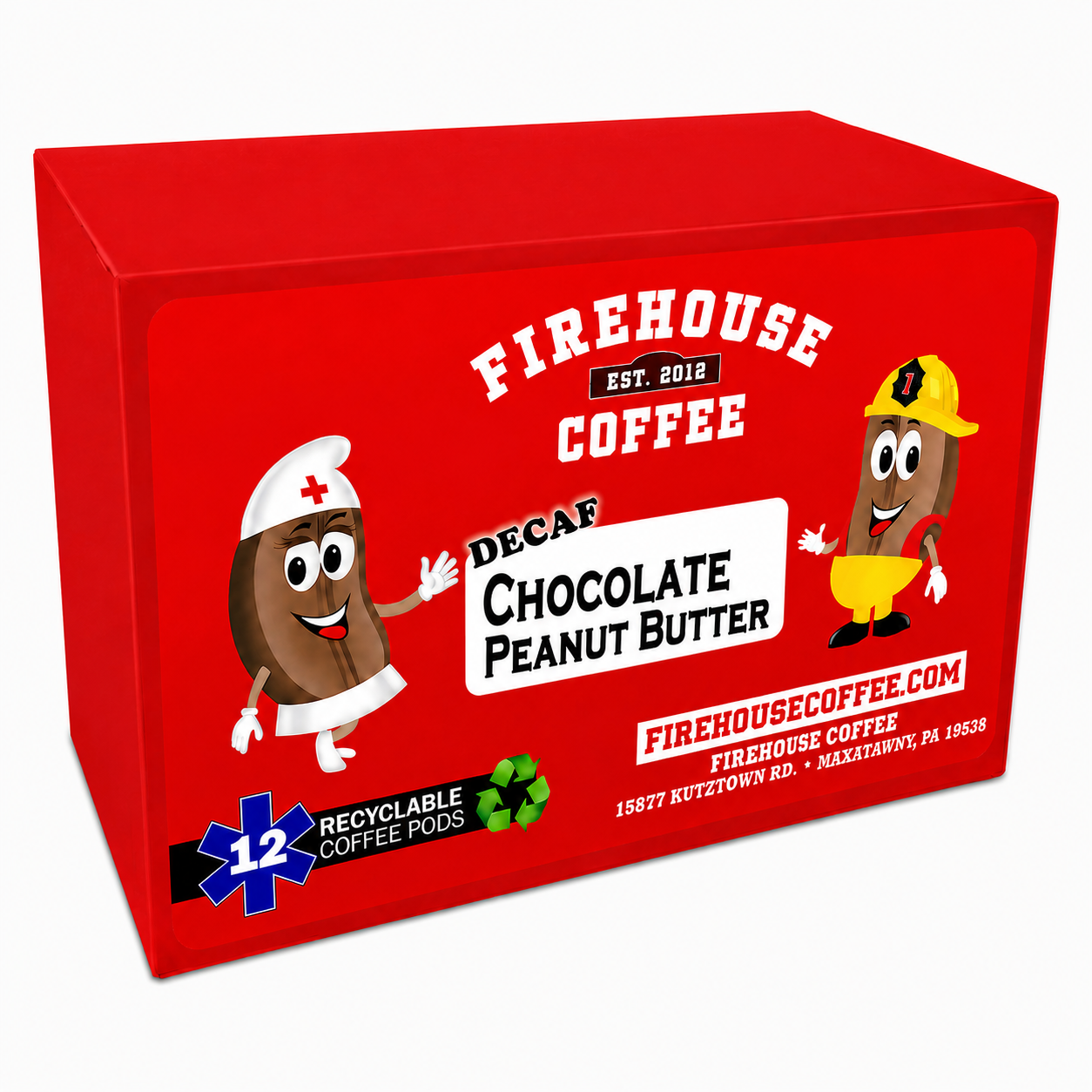 PB Palpitations™ Decaf Chocolate Peanut Butter Flavored Coffee K-Cups® by Firehouse Coffee featuring Swiss Water® Process decaffeinated Arabica coffee with creamy milk chocolate and rich peanut butter flavors in Keurig® compatible single-serve coffee pods.