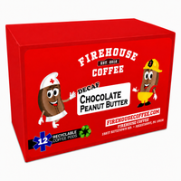 PB Palpitations™ Decaf Chocolate Peanut Butter Flavored Coffee K-Cups® by Firehouse Coffee featuring Swiss Water® Process decaffeinated Arabica coffee with creamy milk chocolate and rich peanut butter flavors in Keurig® compatible single-serve coffee pods.