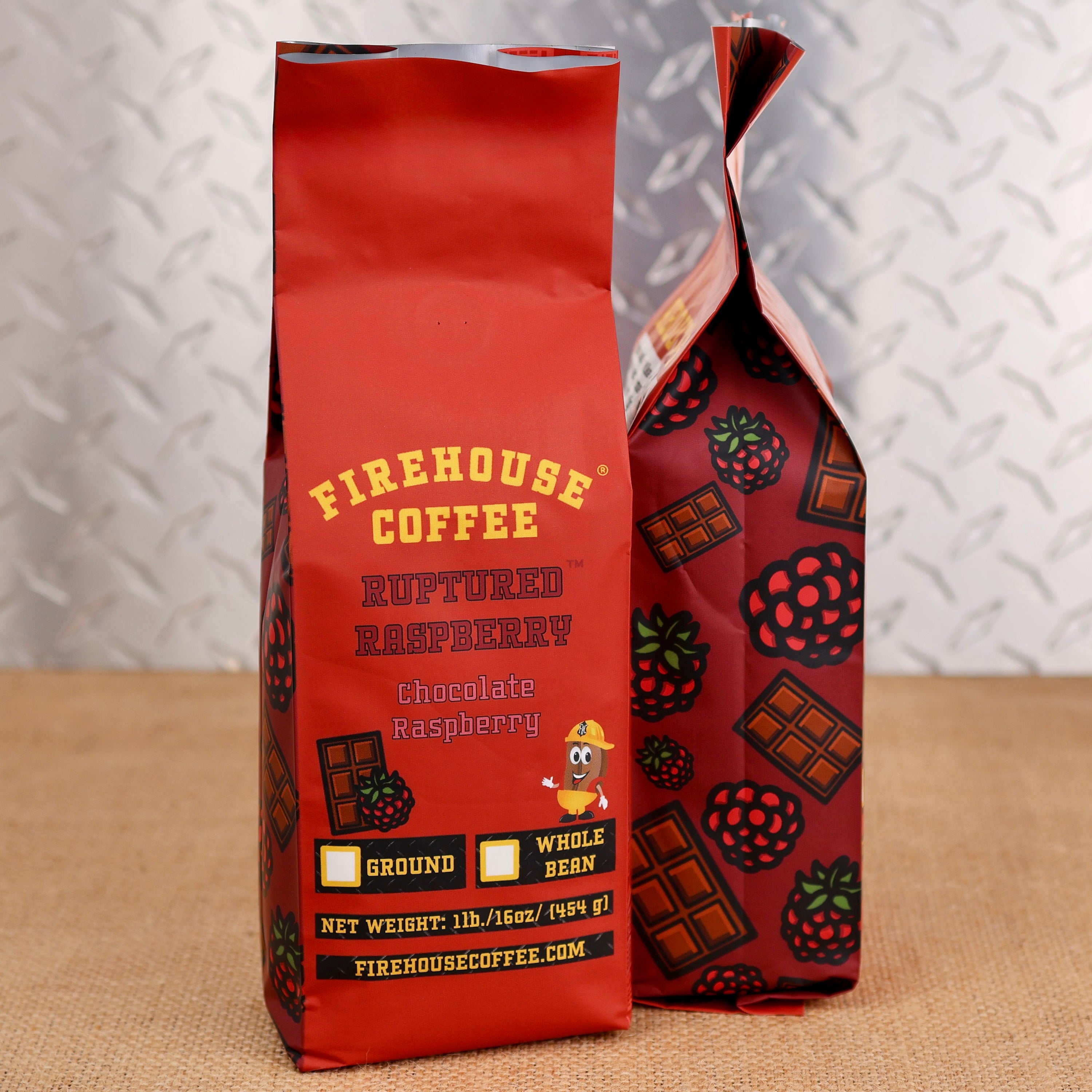 16-ounce bag of Ruptured Raspberry™ Chocolate Raspberry Flavored Coffee, available in ground or whole bean.