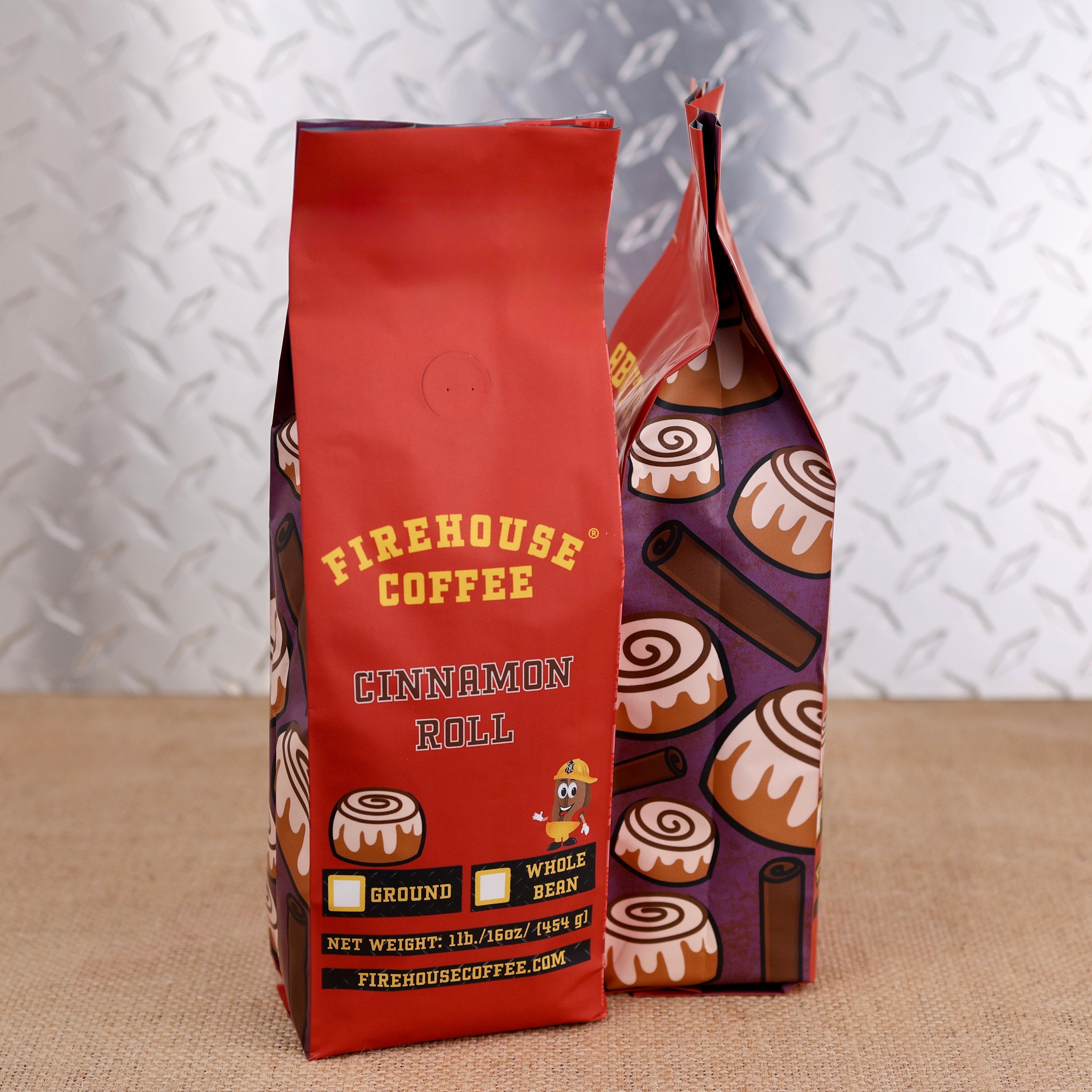 1 lb Cinnamon Roll Flavored Coffee bag with whole bean and ground coffee options by Firehouse Coffee