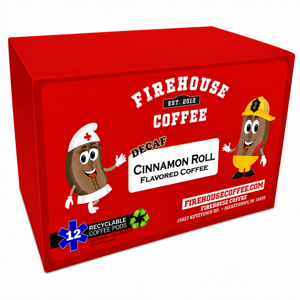 Firehouse Coffee Decaf Cinnamon Roll Flavored Coffee 12 Count K-Cups made with Swiss Water Process decaffeinated Arabica coffee featuring warm cinnamon, brown sugar, and vanilla icing flavor