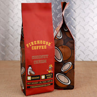 Firehouse Coffee Coconut Cream flavored coffee in a 1 lb bag, available ground or whole bean, featuring smooth, creamy coconut flavor.