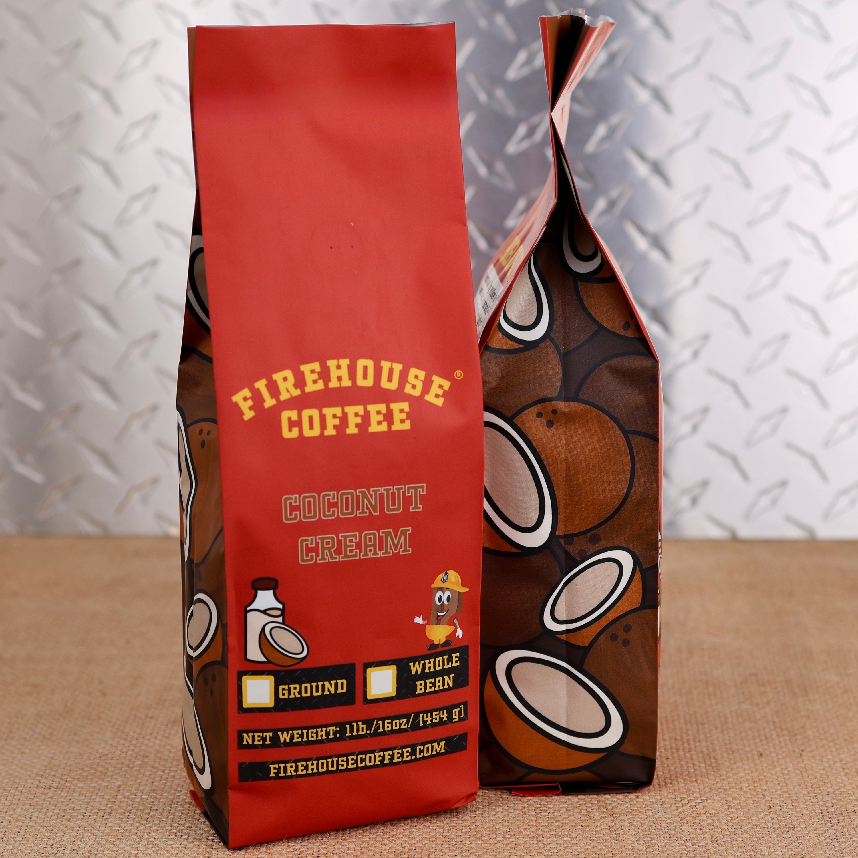 Firehouse Coffee Coconut Cream flavored coffee in a 1 lb bag, available ground or whole bean, featuring smooth, creamy coconut flavor.