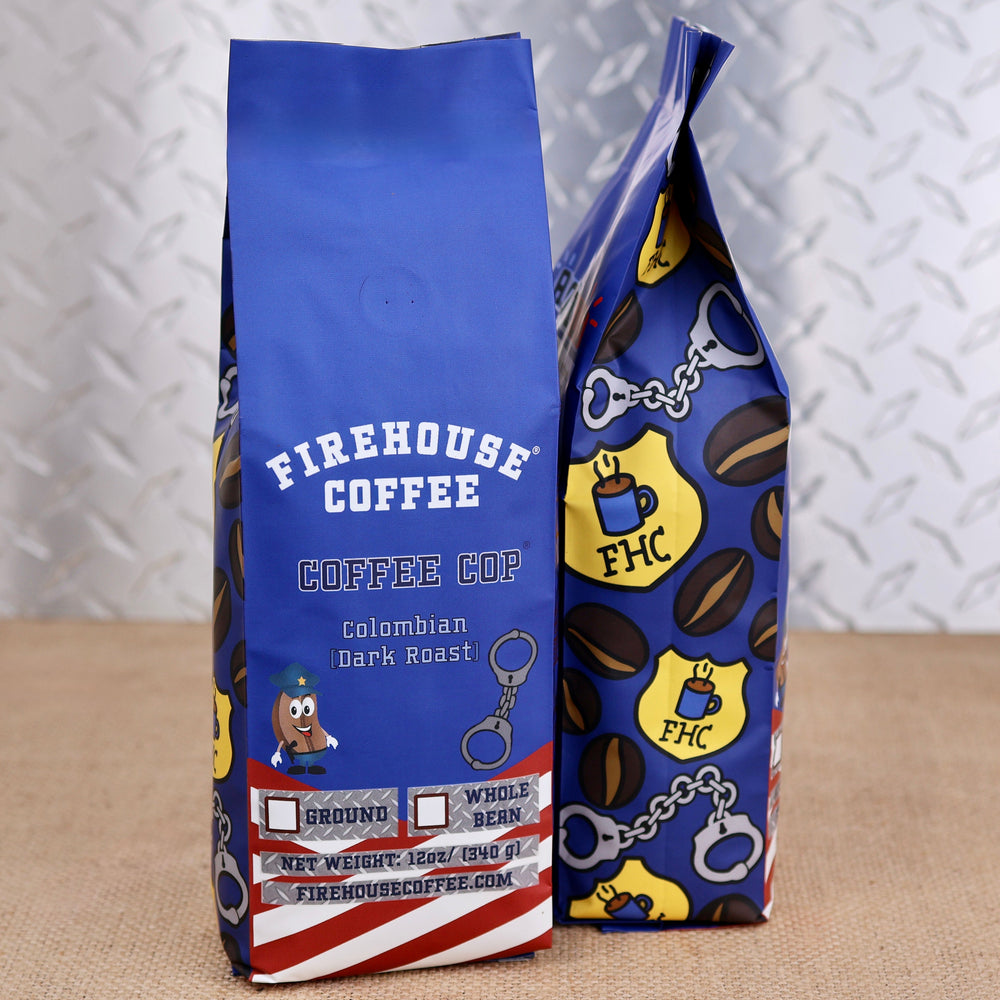 Firehouse Coffee Coffee Cop Colombian Dark Roast coffee bag featuring a bold blue police-themed design with handcuffs, badges, coffee beans, and firefighter-roasted coffee branding.