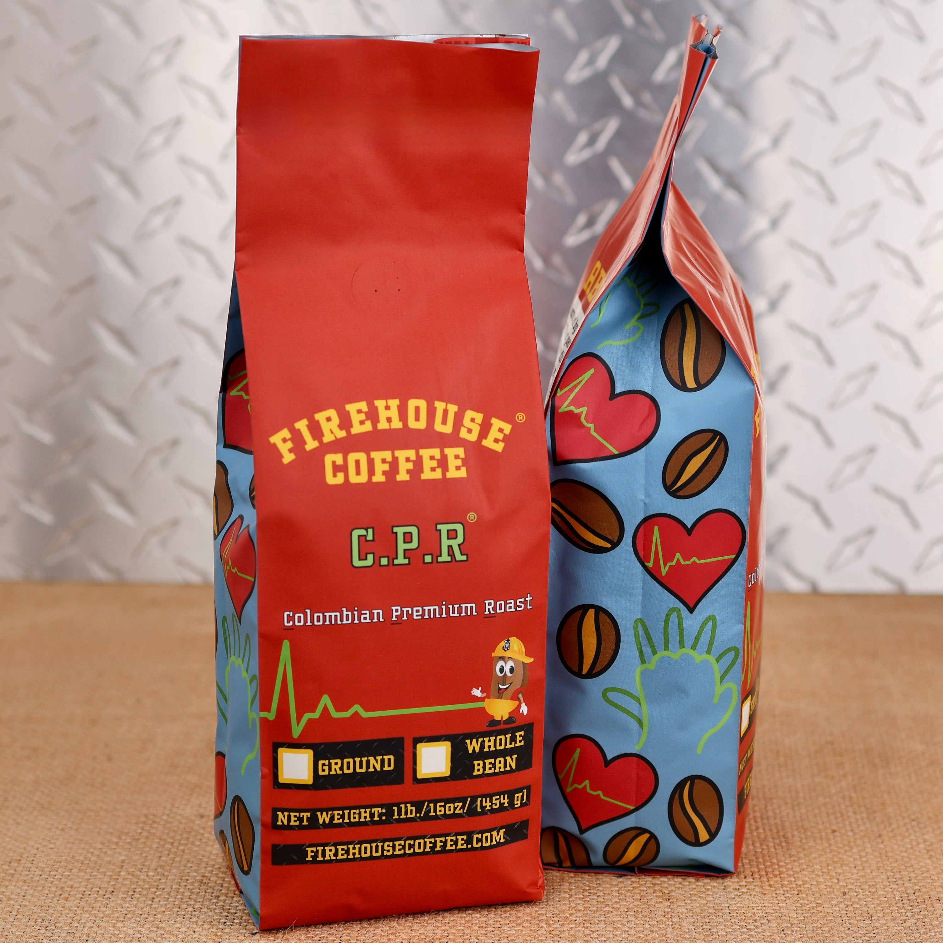 Firehouse Coffee C.P.R. Colombian Premium Roast medium roast coffee 1 lb bag with heartbeat, heart and CPR artwork, available ground or whole bean.