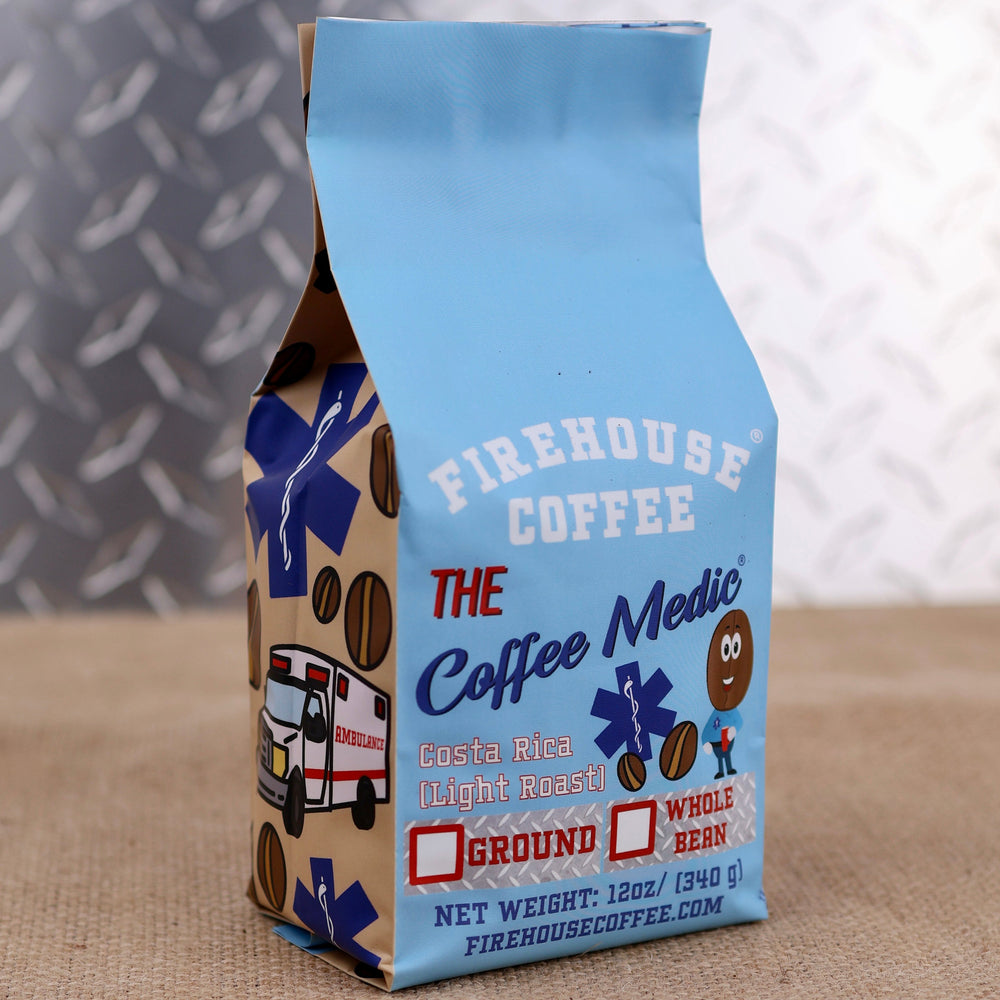 Firehouse Coffee Medic Costa Rica Medium Roast Coffee in a 12 oz bag, available in whole bean or ground. Freshly roasted Costa Rican coffee with smooth chocolate, caramel sweetness, bright citrus notes, and a clean finish.