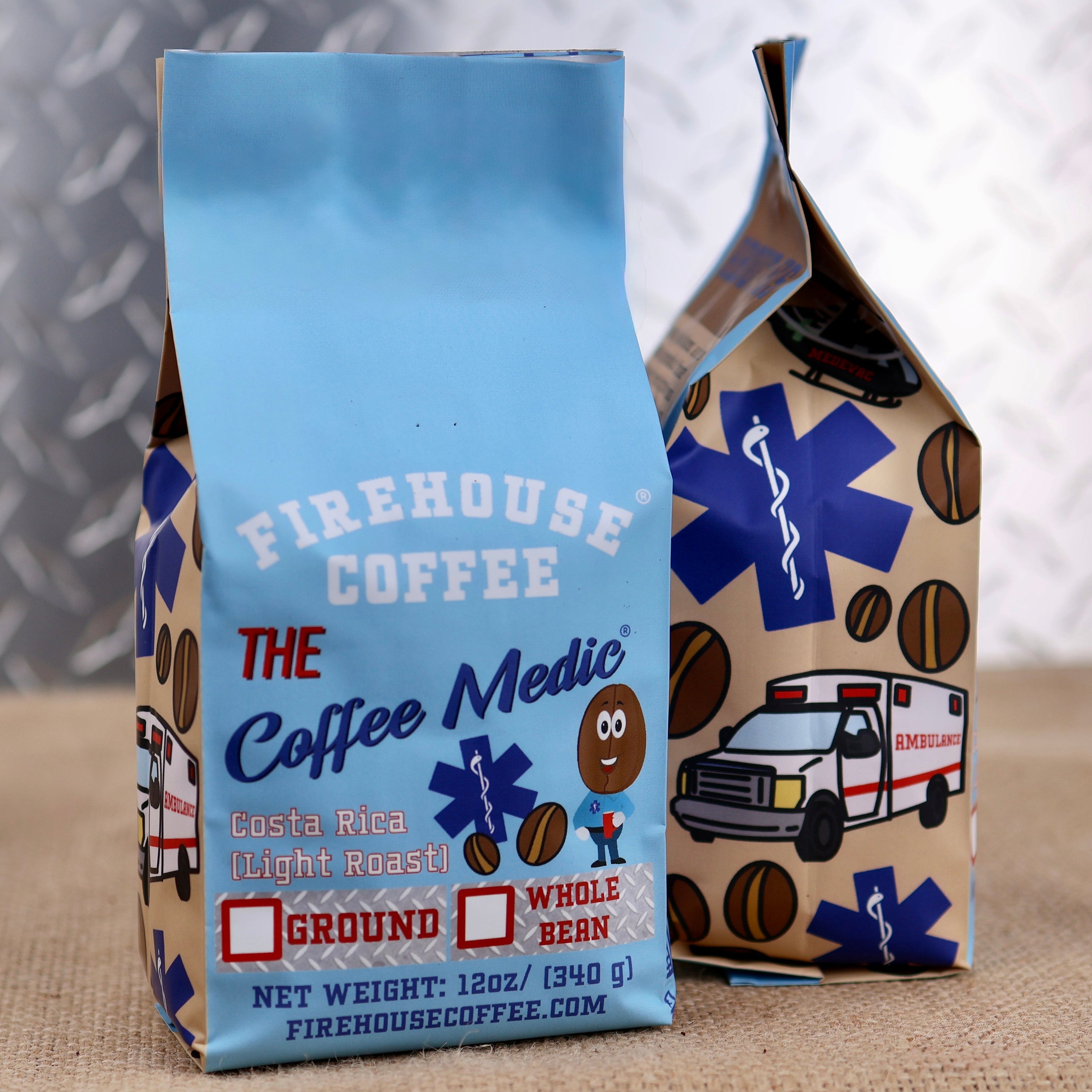 Firehouse Coffee Medic Costa Rica Medium Roast Coffee, freshly roasted and available in whole bean or ground. Premium Costa Rican Arabica coffee with smooth milk chocolate, honey sweetness, bright citrus acidity, and a crisp, balanced finish in a 12 oz bag.