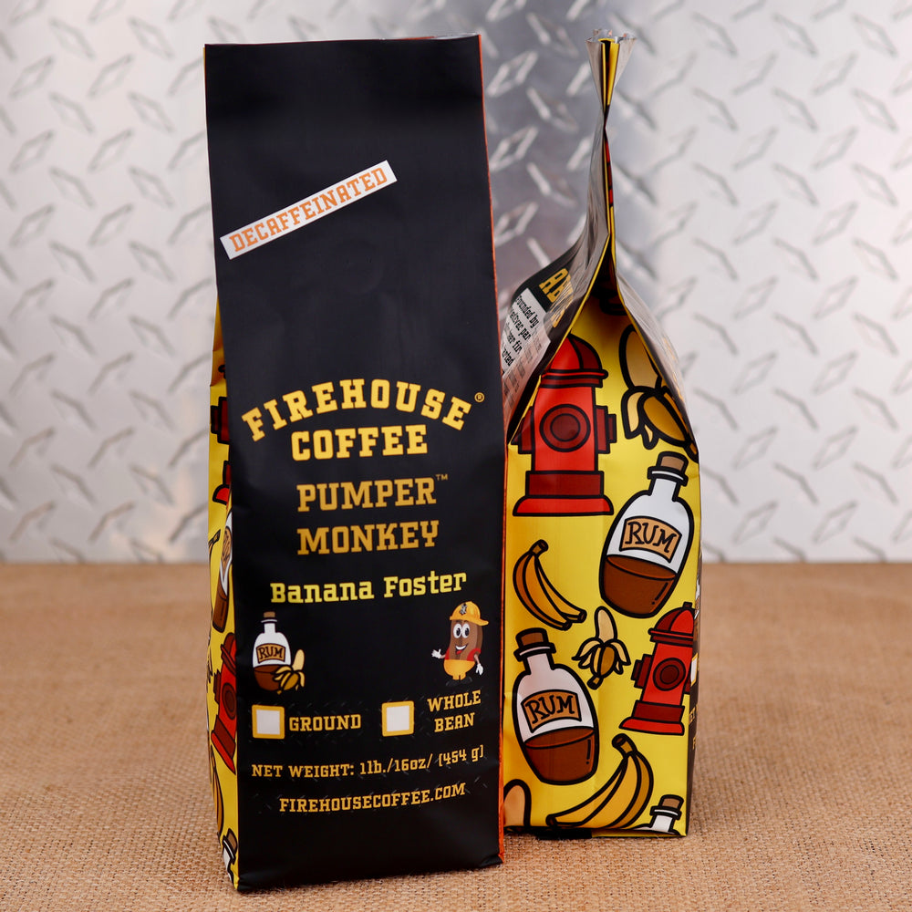 Firehouse Coffee Pumper Monkey™ Bananas Foster flavored decaf coffee in a 1 lb bag.