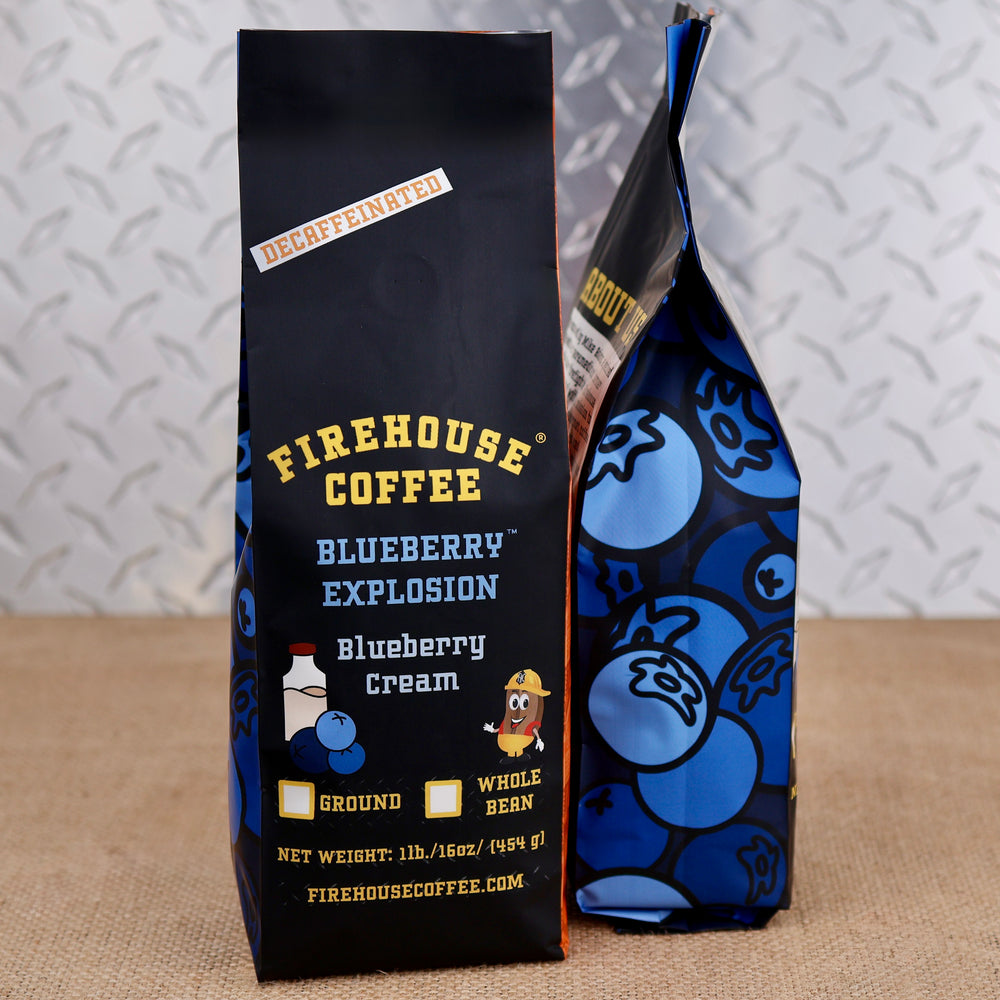 Firehouse Coffee Blueberry Explosion decaffeinated blueberry cream flavored coffee in a 1 lb bag