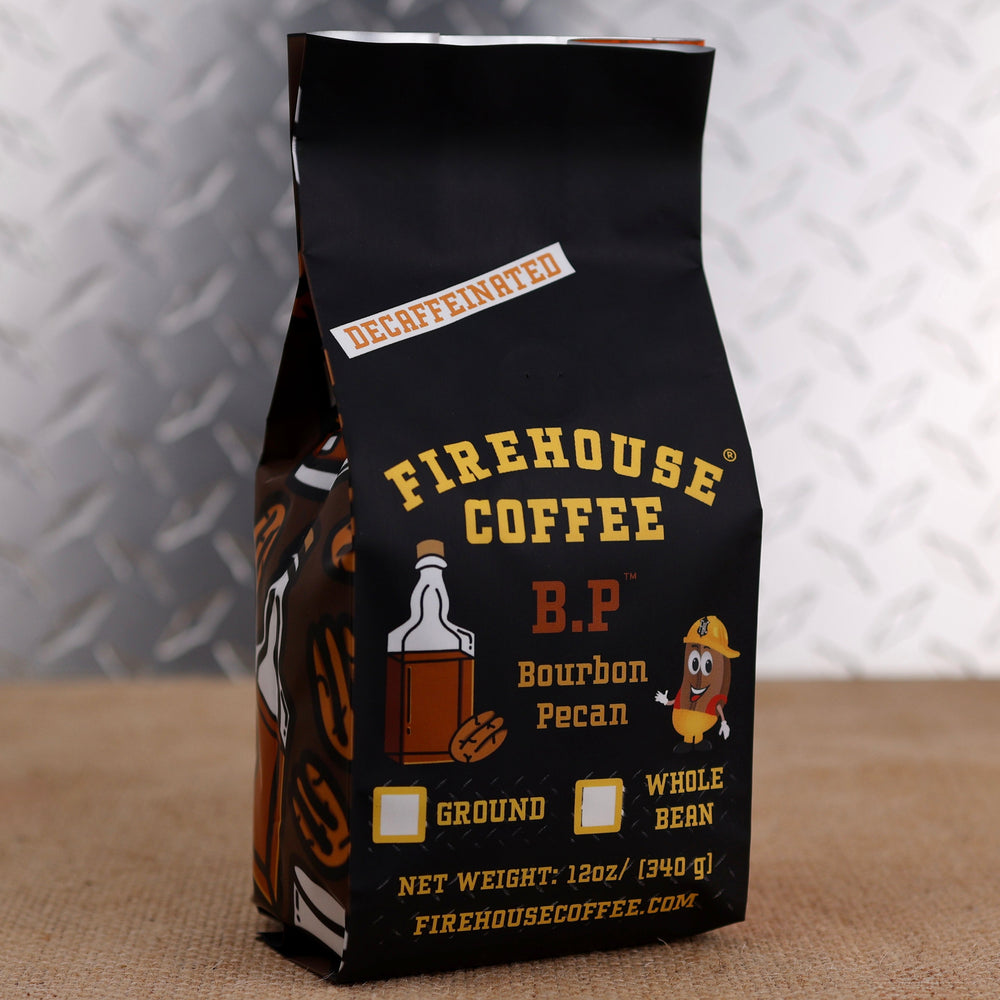 Side view of a 1 lb bag of Firehouse Coffee decaf Bourbon Pecan flavored coffee.