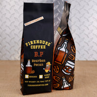 Firehouse Coffee B.P. Bourbon Pecan decaffeinated flavored coffee in a 1 lb bag.