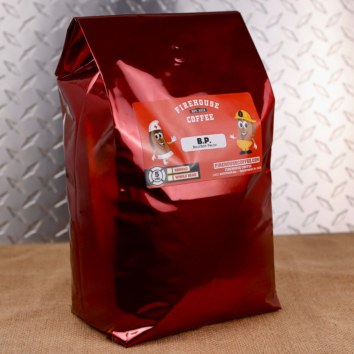 Firehouse Coffee decaffeinated Bourbon Pecan bulk coffee bag.