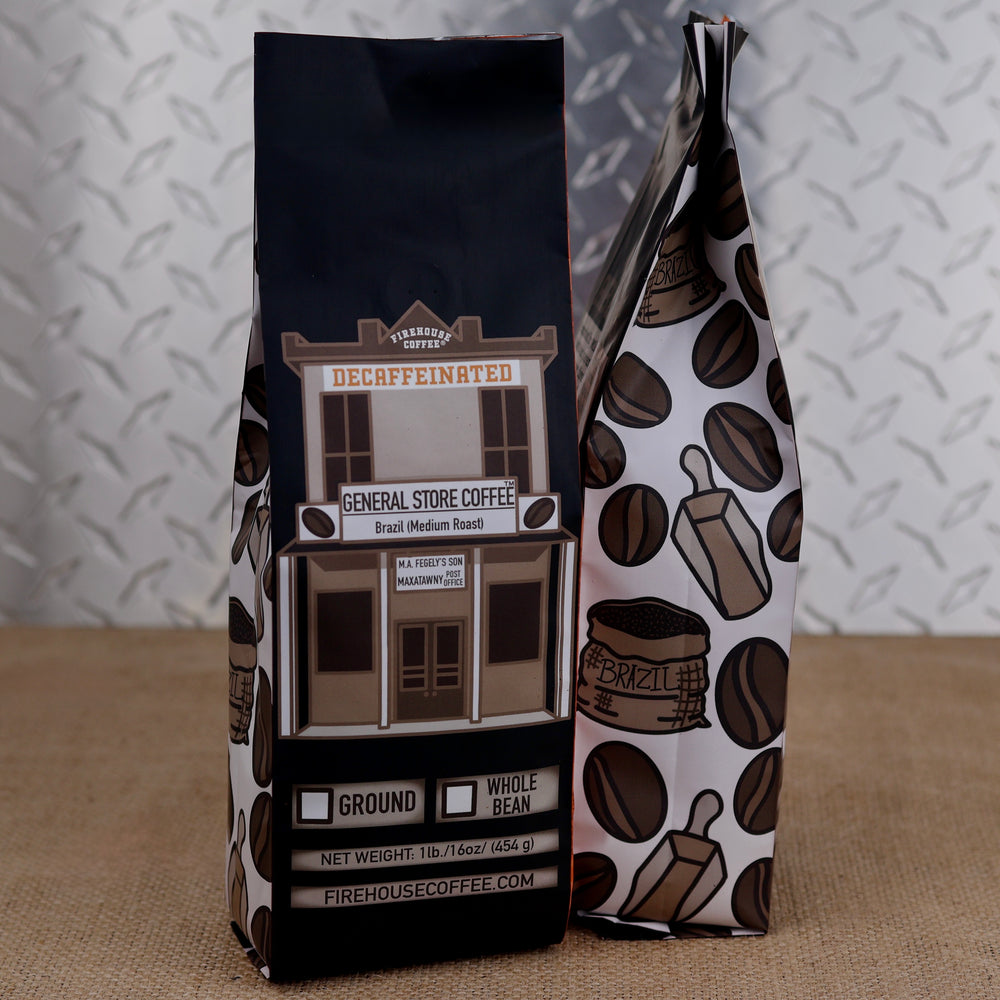 Firehouse Coffee General Store Coffee decaf Brazil medium roast in a 1 lb bag with a vintage storefront and coffee bean illustrations.