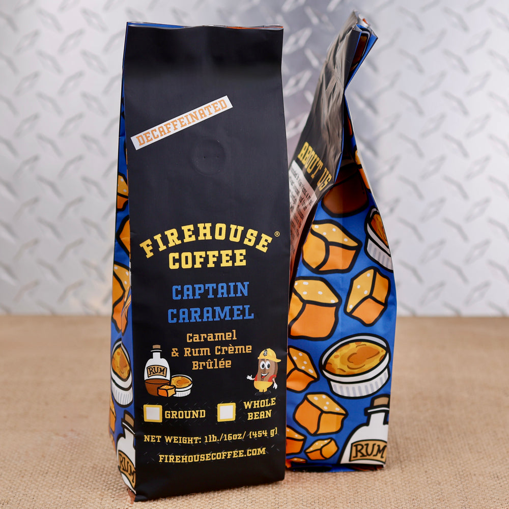 Firehouse Coffee Capt. Caramel™ Caramel & Rum Crème Brûlée flavored decaf coffee in a 1 lb bag.