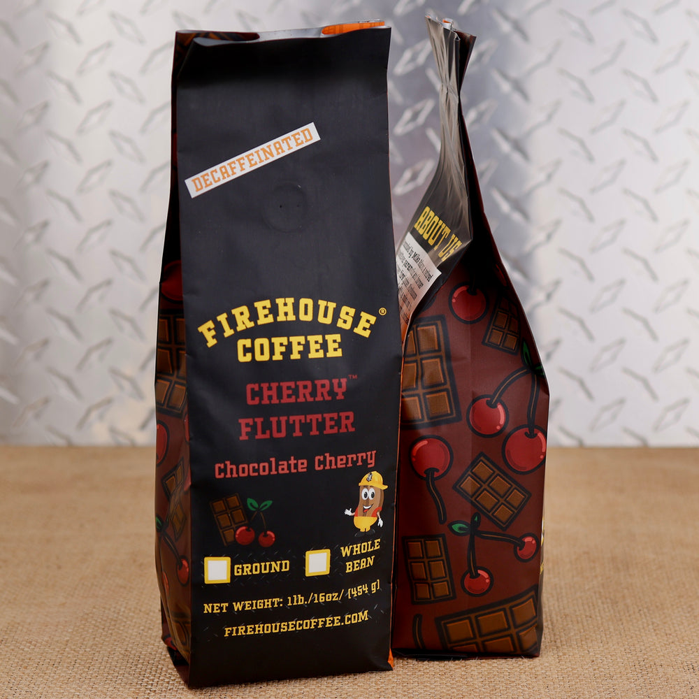 Firehouse Coffee Cherry Flutter™ Chocolate Cherry flavored decaf coffee in a 1 lb bag.