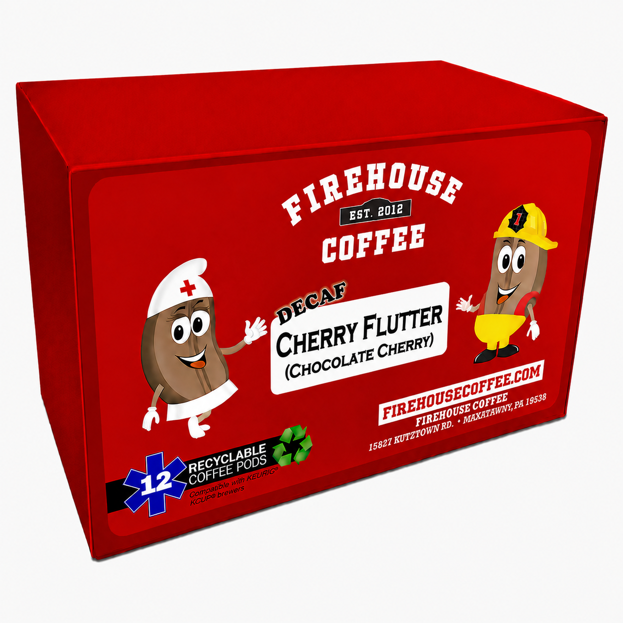 Cherry Flutter Decaf Chocolate Cherry Flavored Coffee K-Cups by Firehouse Coffee, 12 recyclable single-serve coffee pods.