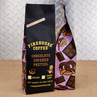 Firehouse Coffee Chocolate Covered Pretzel flavored decaf coffee in a 1 lb bag.