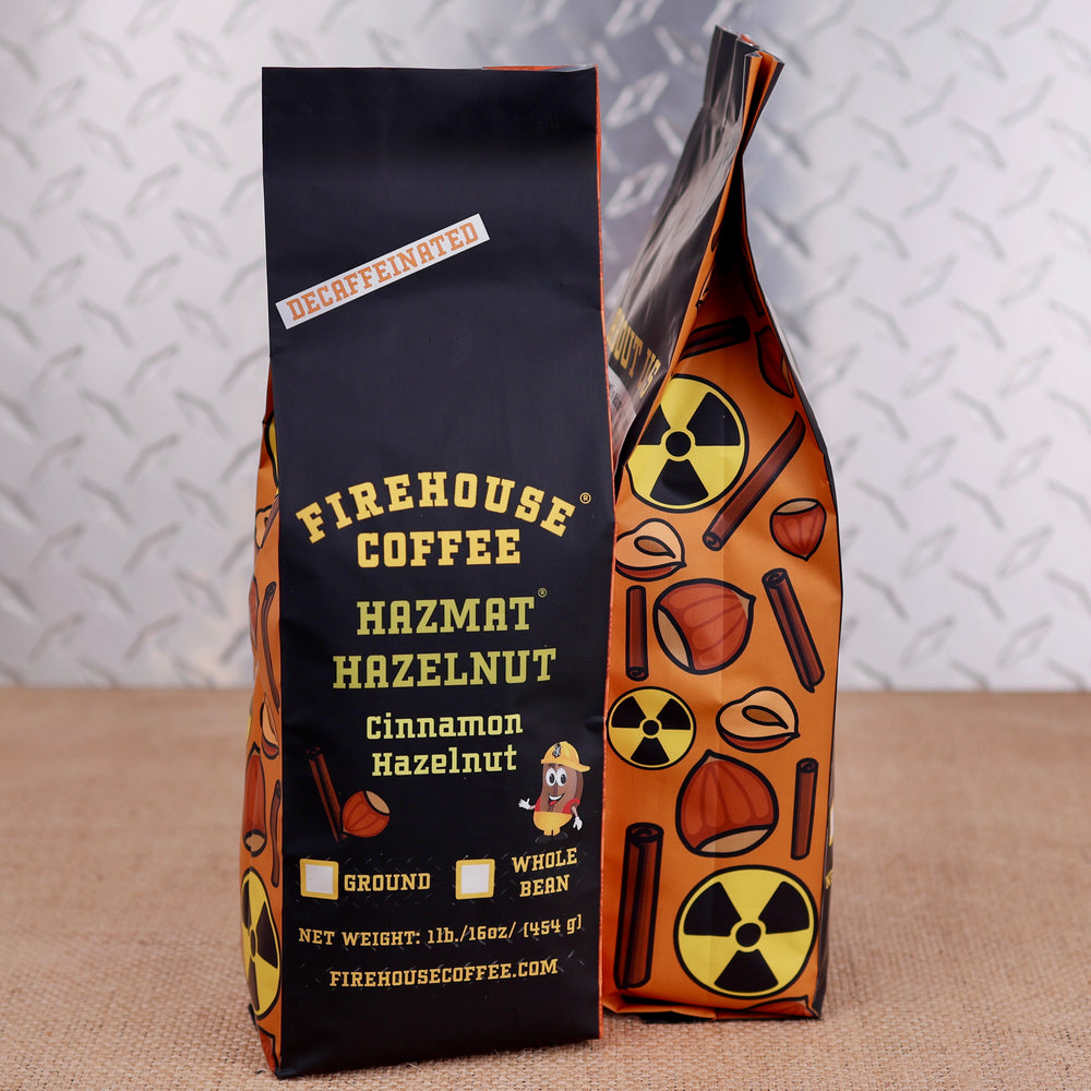 Firehouse Coffee Hazmat Hazelnut® Cinnamon Hazelnut flavored decaf coffee in a 1 lb bag.