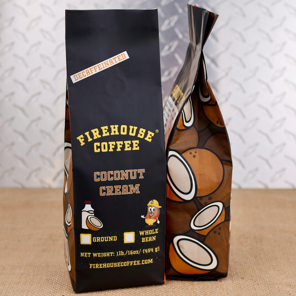 Firehouse Coffee Coconut Cream flavored decaf coffee in a 1 lb bag.
